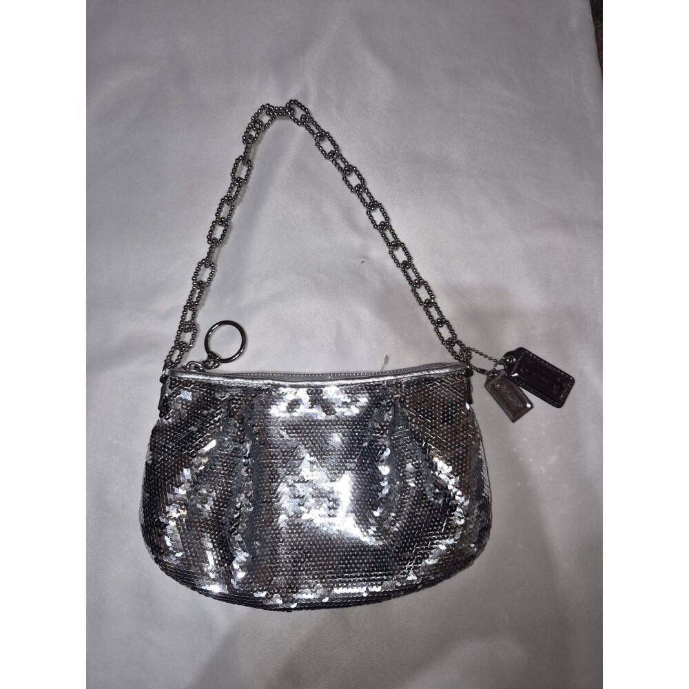 Coach Poppy 14368 Silver Sequin Shoulder Bag Chain Strap Purple Lining 10x6